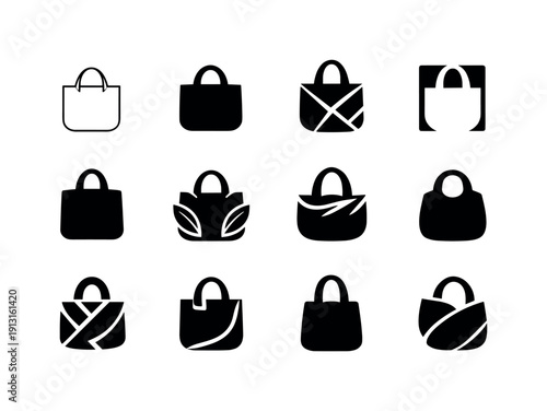 Image Generation. Cloth Bag. Icon set. Set Logo of Cloth Bag: reusable fabric tote bag. harmonious logo variations of the same emblematic concept, each with