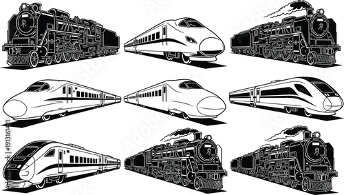 High speed train and classic steam locomotive collection featuring modern railway transport and vintage engine vector illustration set