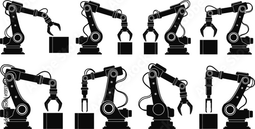Industrial robotic arm silhouettes collection showing automated manufacturing, factory assembly, and mechanical robot operations isolated vector illustration set