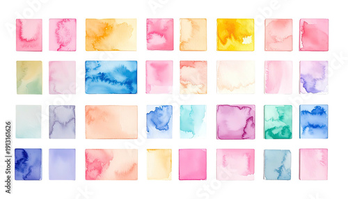 Array of watercolor blocks in vibrant colors, arranged in a grid