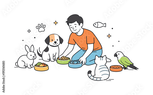 Feeding multiple pets. A person placing bowls on the floor for different pets at once. Organized care, friendly responsibility and harmony.