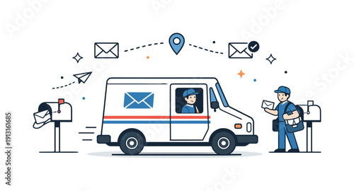 Mail truck in service. A postal vehicle following its route, gentle motion and orderly delivery process. Simple symbols of letters and routes
