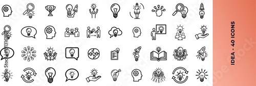 Creative idea linear icon collection. Containing spark bright dream plan and logic symbols. Editable stroke. Vector illustration