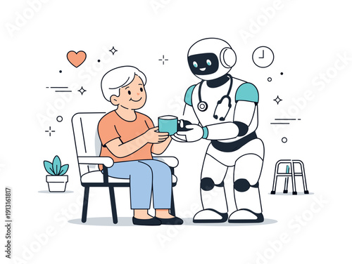 Image Generation. Robotic assistants. A healthcare robot gently assisting a patient with daily activities. The atmosphere feels caring, reliable, and
