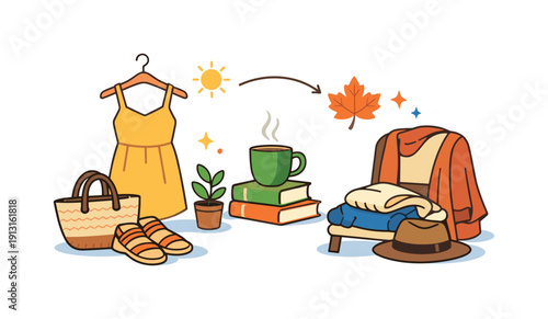 Seasonal fashion transition to fall a calm lifestyle scene where summer clothing is paired with warmer textures, conveying adaptability,