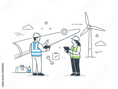 Wind energy technology. Engineers inspecting a windmill blade with a tablet, scale simplified and environment abstract.