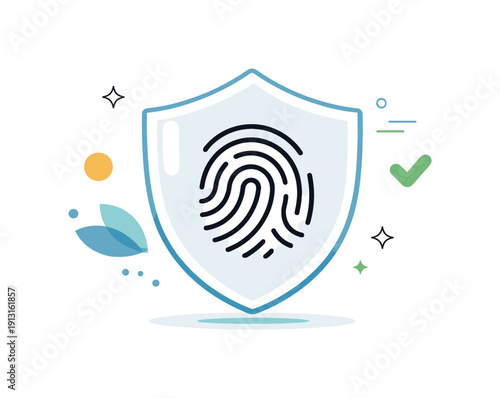 Biometric data protection. A simplified fingerprint or face icon protected inside a transparent shield, centered and calm. The illustration