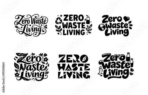 Image Generation. Zero waste living typography. Set lettering. harmonious lettering variations of the same emblematic concept, each with different artistic
