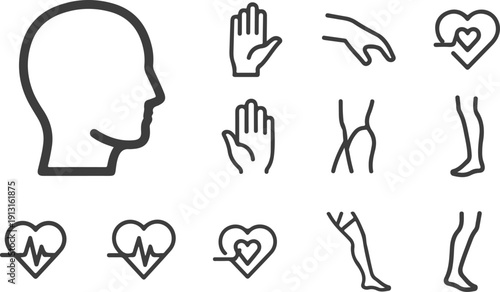 Minimalist vector line art icons depicting human head profile, open hands, reaching fingers, heart pulse, and legs, isolated on transparent background.