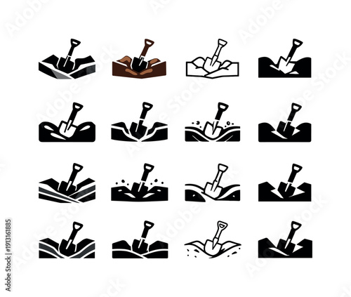 Trench Logo Variations. Trench. Icon set. Set Logo of Trench: digging tool in trench. harmonious logo variations of the same emblematic concept, each with