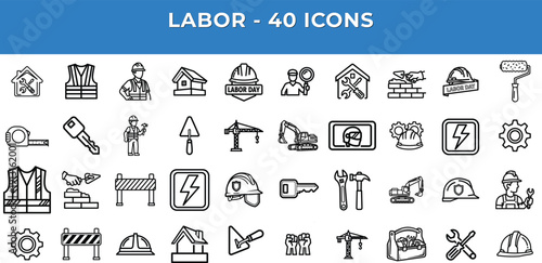 Construction labor linear icon collection. Including gear hardhat employee effort and maintenance. Editable stroke. Vector illustration