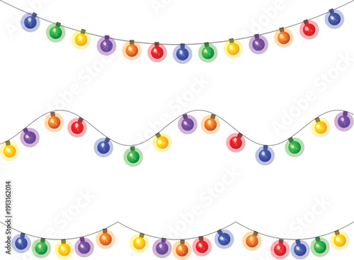 Bright decorative string lights garland vector set for holiday celebration isolated on transparent background