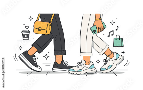 Chic Sidewalk Stroll. Street style photography. Close-up view of stylish shoes and accessories while walking on the sidewalk. Everyday fashion