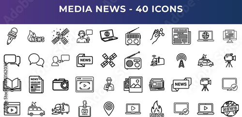 Broadcasting linear icon collection. Including live stream podcast article headline and content. Editable stroke. Vector illustration