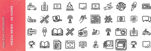 Media news outline icon set. Press information broadcast radio and social collection. Editable stroke. Vector illustration