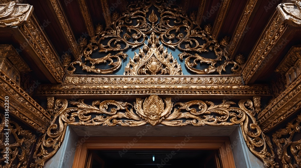 Fototapeta premium Intricate golden carvings adorn the ornate entrance of a traditional temple