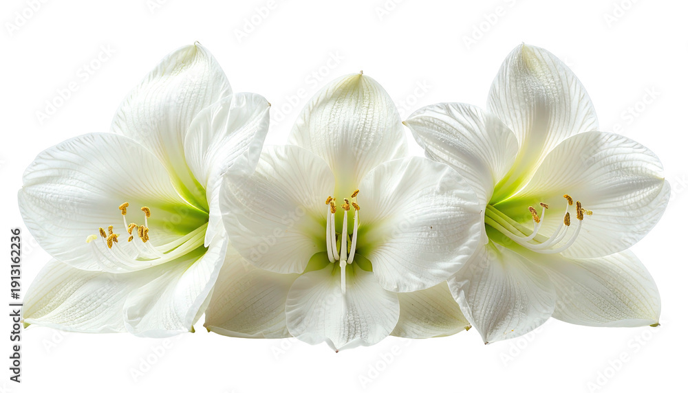 Obraz premium Three pristine white flowers, petals open, central focus, black backdrop