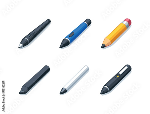 Digital pen. Isometric flat vector icons set of digital pen: pressure-sensitive stylus, rechargeable stylus pen, pencil-style stylus,