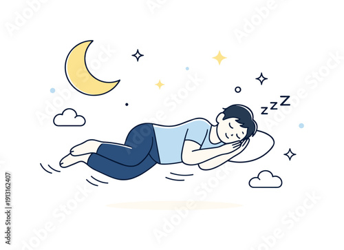 Drifting into sleep. A figure gently floating or resting with eyes closed, surrounded by moon and stars, symbolizing deep rest. Dreamy yet