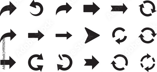 Collection of various black arrows on for navigation and direction