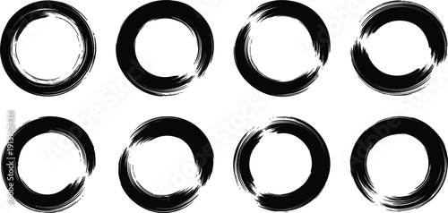 Black Ink Brush Stroke Circle Set with Hand Drawn Enso Symbols, Grunge Textured Round Frames, and Oriental Calligraphy Elements for Minimalist Graphic Design