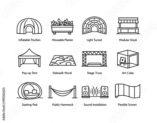Urban Installation Icons. Temporary Urban Installations. Line icon set of Temporary Urban Installations: inflatable pavilion, moveable planter, light tunnel,