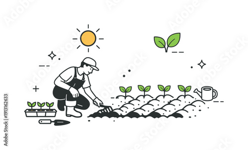 Garden Soil Preparation. Preparing soil for vegetables. A gardener loosening soil and arranging seedlings in rows, simple sun and leaf icons floating above.