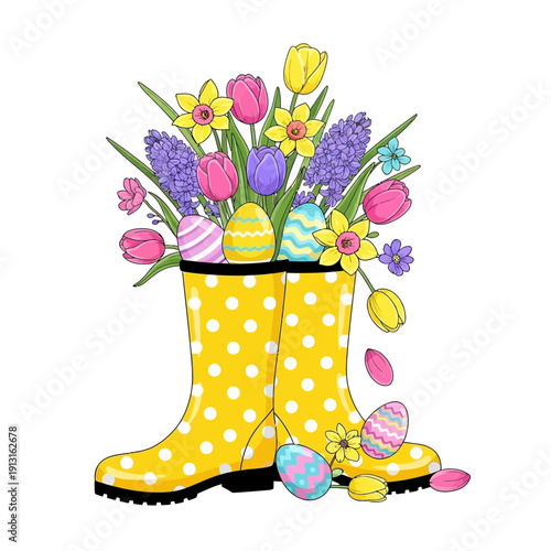 Colorful Easter eggs and spring flowers in yellow polka dot rain boots isolated on White Background