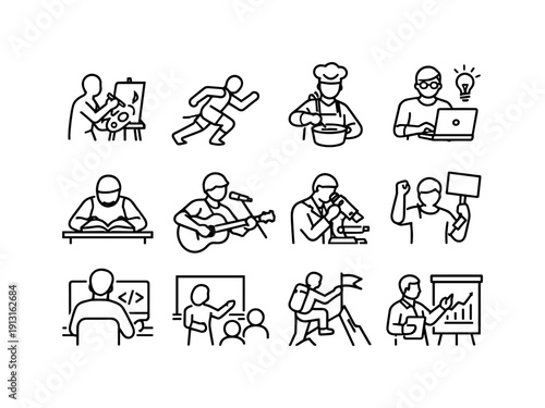 Driven Icon Set. Driven Individuals. Line icon set of Driven Individuals: focused artist, dedicated athlete, passionate chef, tech innovator, student studying,