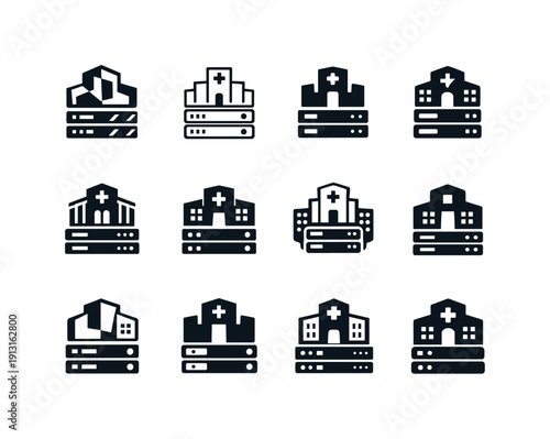 Medical database interface. Icon set. Set Logo of Medical database interface: hospital building merged with server. harmonious logo
