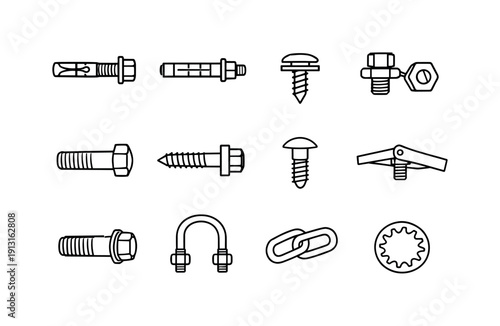Construction Fasteners Icons. Construction Fasteners. Line icon set of Construction Fasteners: anchor bolt, expansion bolt, screw with washer, bolt and nut,