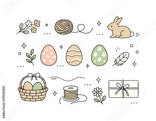 Easter flat lay minimal. Soft palette decor items like eggs, twine, and simple florals arranged evenly on a clean background. Quiet and