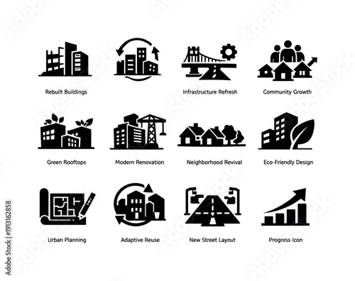 Urban Regeneration. Solid icon set of Urban Regeneration: rebuilt buildings, city with arrows, infrastructure refresh, community growth,
