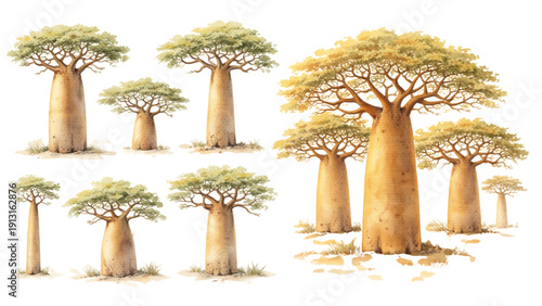 A charming watercolor collection of majestic baobab trees, including towering thick trunks, wide spreading canopies of soft green foliage, and subtle savanna grasses at their base.