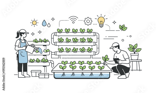 Image Generation. Hydroponic farming overview. A calm editorial scene of a modern indoor farm with plants growing in water-based systems, clean pipes and trays