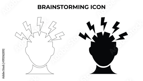 Brainstorming and Creative Idea Icon Set. Human Head Profile with Lightning Bolts Vector Symbols for Innovation and Mental Energy.