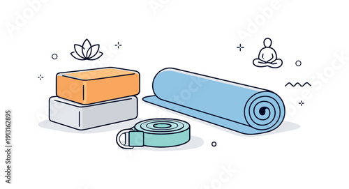 Minimalist Yoga Props. Yoga props minimal. A clean arrangement of yoga blocks, a rolled mat, and a strap placed neatly on a calm surface. Peaceful movement