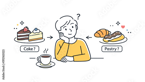 Image Generation. Dessert tasting moment. A person choosing between cakes and pastries next to a coffee cup, thoughtful and relaxed decision-making mood with