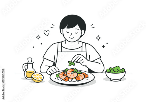 Healthy seafood cooking. A person plating a freshly cooked shrimp or fish dish, garnish added gently on top. Satisfaction, healthy eating,