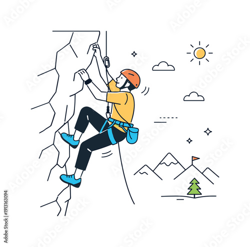 Climber's Calm Ascent. Adventure sports tourism ? rock climbing. A climber ascending a rocky cliff with safety rope, calm confidence and focus in motion. Clean