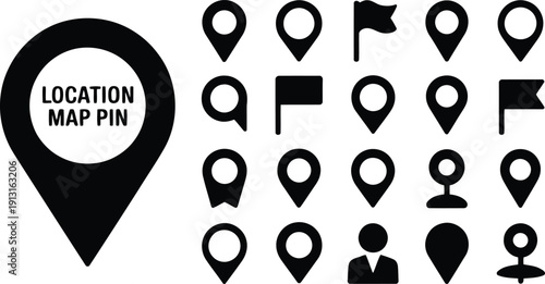 A collection of various black location map pin and flag icons for navigation and pinpointing places