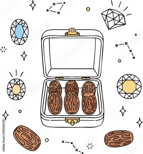 Open jewelry box with four dates inside and decorative gems around