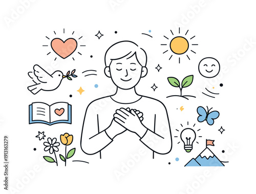 Mindset of appreciation. A person surrounded by gentle symbols of kindness, growth, and optimism, visualizing positive psychology principles.