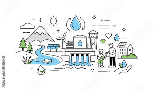 Sustainable Water Vision. Future of water sustainability. A clean composition combining nature, infrastructure, and community icons, representing long-term