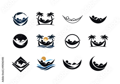 Swinging hammock. Icon set. Set Logo of Swinging hammock: relaxed person in hammock. harmonious logo variations of the same emblematic