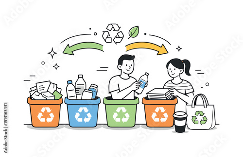 Recycling and waste reduction. An editorial scene of everyday items like bottles, paper, and cans being sorted neatly, emphasizing order and