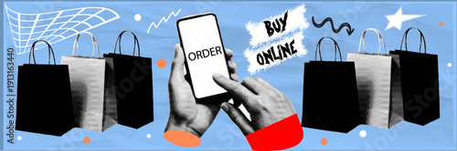 Halftone pop art online shopping concept with smartphone order screen and retail paper bag composition, vector illustration