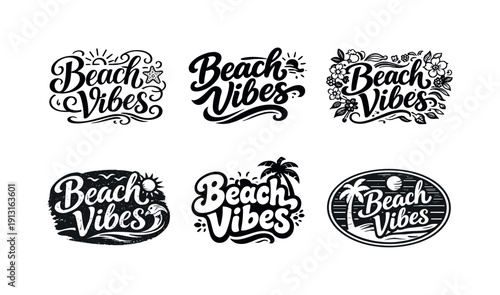 Colorful Beachwear Icons. Beachwear icons. Set lettering. harmonious lettering variations of the same emblematic concept, each with different
