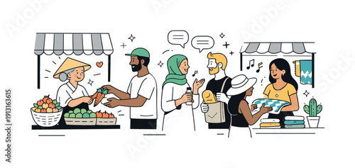 Street scenes reflecting multicultural interactions. Small street market with vendors and customers from different backgrounds exchanging