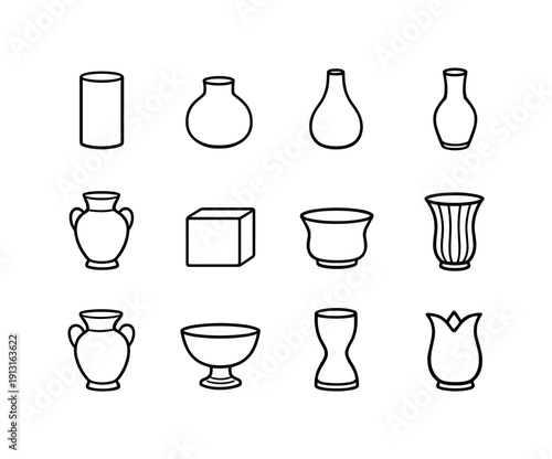 Vase shapes. Line icon set of Vase shapes: cylindrical vase, bulb vase, teardrop vase, bottle neck vase, urn vase, cube vase, wide mouth
